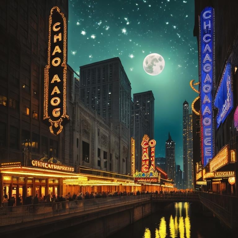 Prompt: Chicago theater district at night with moonlit river, bright, multicolored,  in the style of William Morris, enchanting atmosphere, glowing flora, serene, dreamlike, fantasy, hi-res, hyper realistic, fantasy
