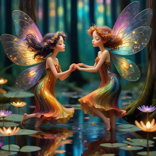 Prompt: small winged fairies characters in the style of Klimt dancing in deep dark multicolor forest,Amidst a quiet forest glade, fireflies in the background around the waters of a serene pond shimmer with kaleidoscopic reflections of the changing sky above. Each ripple, a testament to the wind's whisper, reshapes the radiant colors, embodying the transient nature of introspection. 