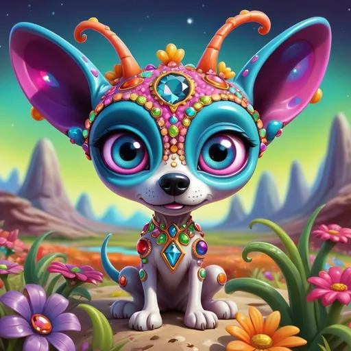 Prompt: Whimsical, cute alien dog, cartoon style, girlie ultra colorful diamond and gems bling, vibrant colors, large expressive eyes, playful demeanor, alien flowered landscape, otherworldly plants, best quality, high resolution, vibrant, cartoon, cute, whimsical, otherworldly, playful, expressive eyes, alien landscape, vibrant colors, professional