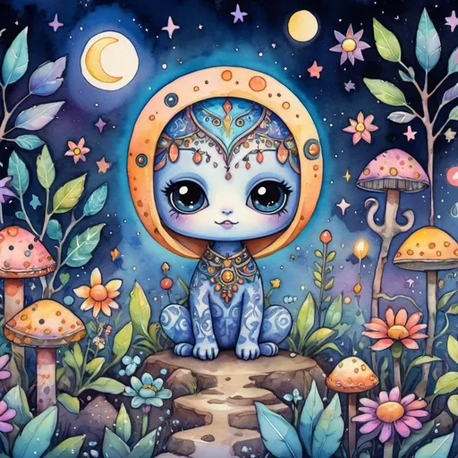 Prompt: Moonlit voodoo bohemian garden with small winged creatures, groovy patterns and colorful shapes, kawaii chibi, 16:9 watercolor painting, high quality, detailed, whimsical, vibrant colors, mystical moonlight, bohemian, voodoo, winged creatures, groovy patterns, colorful, watercolor, kawaii chibi, 16:9, moonlit garden, detailed illustration, professional, atmospheric lighting