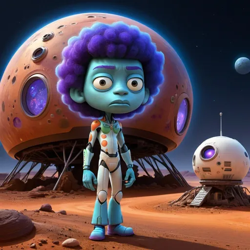 Prompt: Jimi Hendrix as a Martian standing in front of small dwelling on Mars, blue moonlight, detailed facial features, futuristic sci-fi illustration, vibrant colors, imaginative, highres, ultra-detailed, alien, LGBTQ+, unique design, atmospheric lighting, otherworldly, futuristic fashion, cosmic landscape