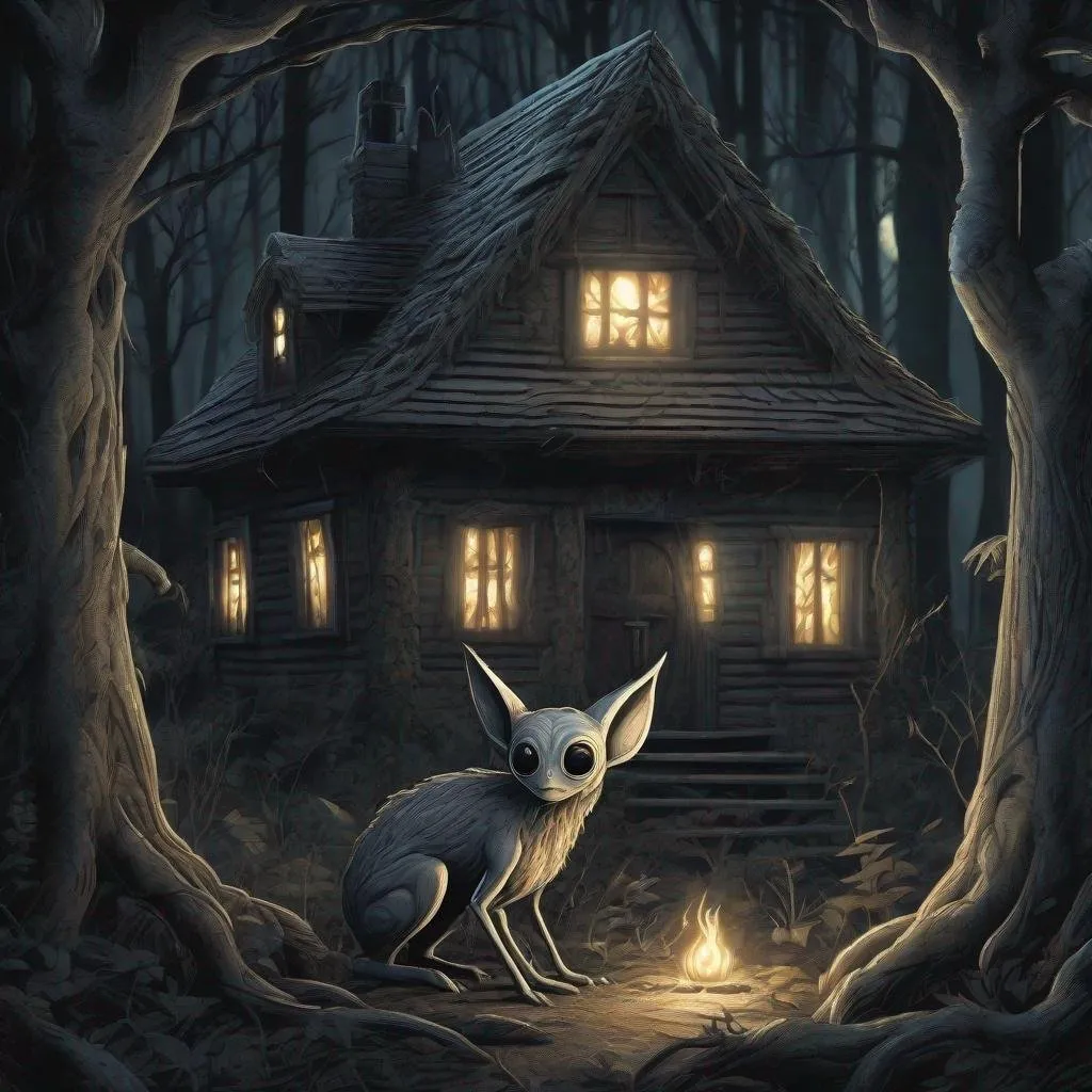 Prompt: Spooky woodland scary small  alien- like animal with eerie glowing eyes, lurking in thick wooded stand of trees beside a small cottage with firelight glowing in windows, muted moonlight, deep forest, high quality, dark and eerie, detailed eyes, atmospheric lighting