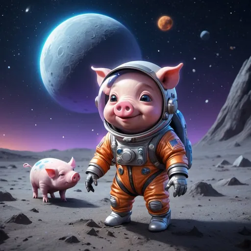 Prompt: ((best quality)), ((illustration)), ((masterpiece)), bright  colors, unreal engine, highres, cute alien creature on the surface of the moon, with tiny pet pig in a space suit, glowing blue orange and purple; meteor shower in background, highly detailed