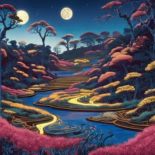 Prompt: Hill with glowing river, in the style of Kehinda Wiley ,creatures, moonlit flowers, highres, fantasy, ethereal lighting, detailed nature, mystical, moonlit river, enchanting atmosphere, glowing flora, serene, dreamlike, fantasy creatures, moonlit scene, magical beings, surreal, whimsical, illuminated hill, mystical setting, moonlit landscape, fairytale, vibrant colors, soft moonlight, i