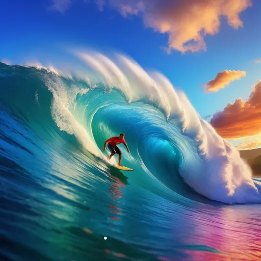 Prompt: Realistic depiction of a surfer riding a massive wave in Hawaii, close-up view, vibrant and colorful surf, brilliant and dynamic sky, high quality, realism, close-up view, massive wave, surfer, vibrant colors, brilliant sky, detailed realism, ocean waves, Hawaiian scenery, professional, colorful surf, dynamic lighting