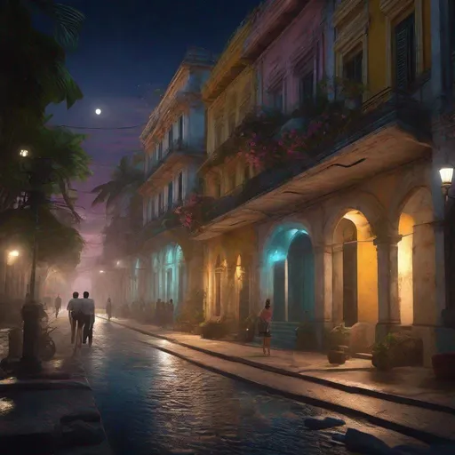 Prompt: create a romantic style street scene in Havana in the 1930 at night, street lights illuminating, bright flowers, trees, people walking, oolorful buildings of the period, ,unreal engine, highly detailed, best quality, highres, bright colors, glimpse of ocean in background, illustration, masterpiece, atmospheric lighting, surreal, futuristic, detailed wings, lunar surface, alien, vibrant tones, otherworldly, intense colors, vibrant atmosphere