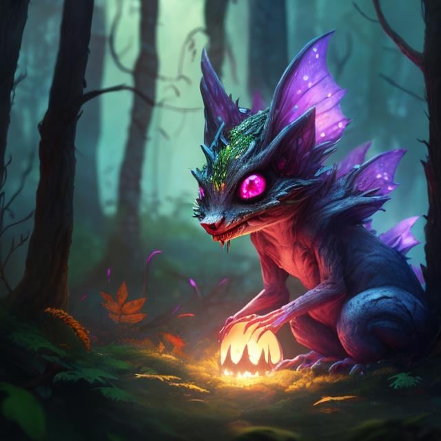 Prompt:  small multicolored creature with eerie pink glowing eyes, lurking in thick wooded stand of trees beside a tiny fantasy fairy cottage with firelight glowing in windows, muted moonlight, deep forest, high quality, dark and eerie, detailed eyes, atmospheric lighting