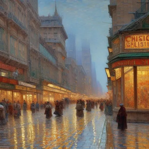 Prompt: Childe Hassam style painting of a bustling city street, impressionist brushwork, vibrant colors, bustling atmosphere, detailed architecture, lively street scene, high quality, impressionism, vibrant colors, bustling street, detailed architecture, atmospheric lighting