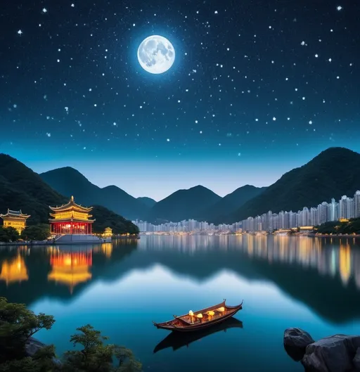 Prompt: The mid-autumn festival in Hongkong,in the lake ,starry sky,Van Goudh style,dreamy atomosphere