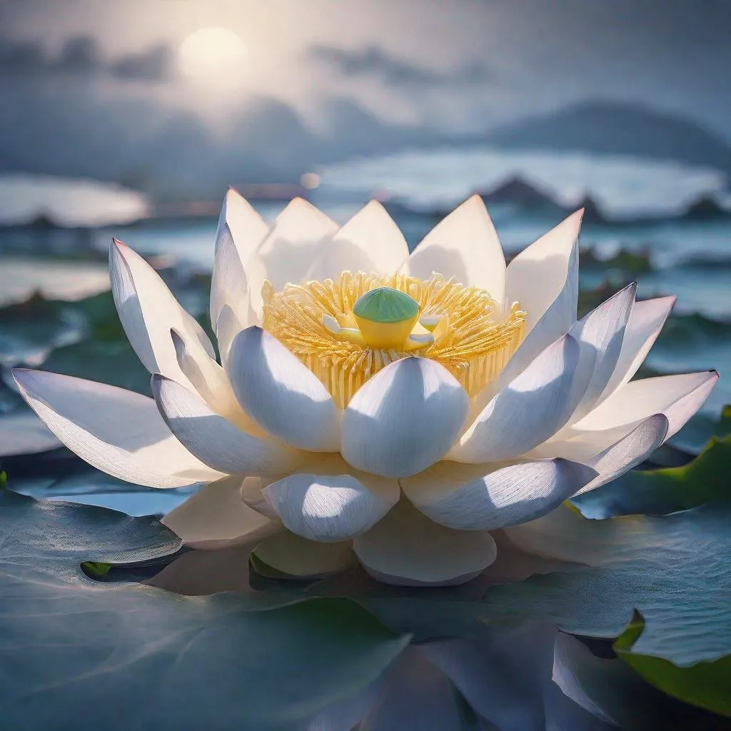 Prompt: Fluorescent white lotus on clear lake, moonlit night, beautiful hilly view, Miki Asai Macro photography, close-up, hyper detailed, sharp focus, studio photo, intricate details, trending on artstation, highly detailed, by greg rutkowski, moonlit, tranquil, clear water, serene, night scenery, lotus flower, macro photography, detailed, moonlight reflections, hilly landscape, picturesque, highres, trending, fluorescent, white petals, intricate, professional, serene lighting