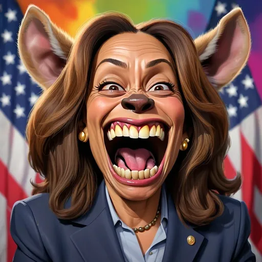 Prompt: Kamala Harris as creepy laughing hyena, political satire, grunge caricature, digital illustration, humorous, dark colors, detailed facial features, expressive eyes, professional art quality, satirical, exaggerated features, colorful background, high resolution, vibrant, humorous, donkey ears, donkey tail, political, satirical art, caricature, detailed facial features, professional, cartoonish, political satire