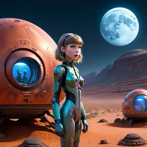 Prompt: Taylor Swift as a Martian standing in front of small dwelling on Mars, blue moonlight, detailed facial features, futuristic sci-fi illustration, vibrant colors, imaginative, highres, ultra-detailed, alien, LGBTQ+, unique design, atmospheric lighting, otherworldly, futuristic fashion, cosmic landscape