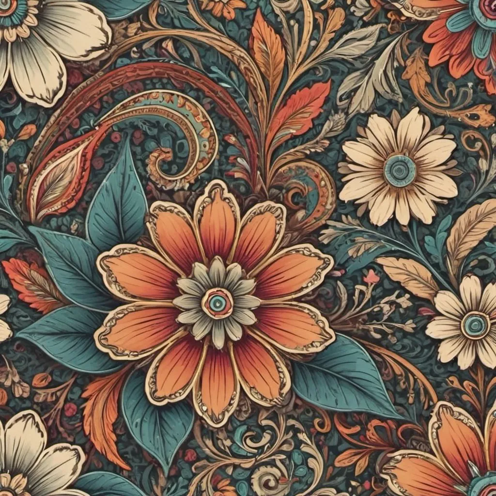 Prompt: Intricate bohemian flower pattern, colorful, detailed design, elegant curves, organic lines, colorful tones, high quality, vintage, decorative, nature-inspired, rich textures, ornate details, luxurious, soft lighting, vintage, decorative, luxurious, flowing lines, detailed, elegant, intricate design, colorful, organic lines,