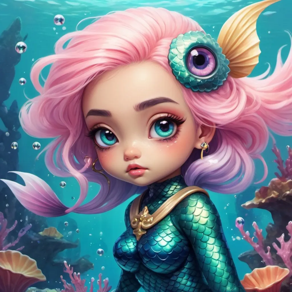 Prompt: Kawaii mermaid ninja with fluffy, pastel-colored scales, fluffy tail, bling, big expressive eyes, whimsical underwater scene, digital painting, high quality, surrealism, dreamy lighting, multi primary colors, detailed eyes, fluffy texture, professional, dreamlike atmosphere, game-streetfighter style