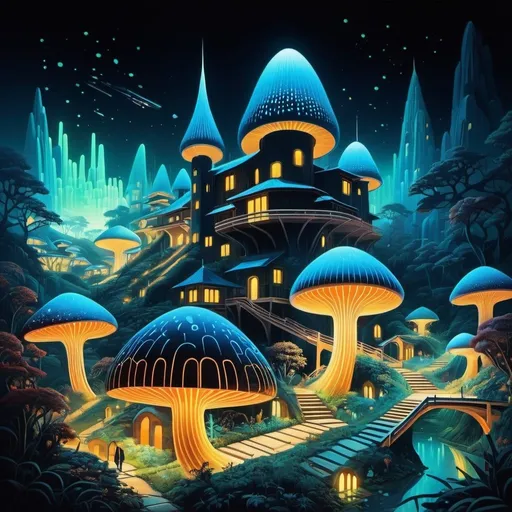 Prompt: fantasy phosphorescent architecture of beecomb village ,with glowing isometric mushroom creatures,a painted artwork overdose ,60s style by zaha hadid and henri fatin-latour 