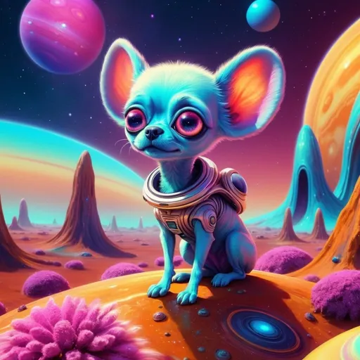 Prompt: Cute alien dog on Saturn, digital art, vibrant colors, whimsical, surreal, surreal landscape, alien flora, high quality, detailed fur, sparkly eyes, cute and expressive, space atmosphere, futuristic, alien planet, playful, vibrant lighting, adorable, fantasy