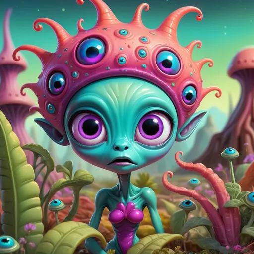 Prompt: Whimsical, cute alien, cartoon style, girlie bling, vibrant colors, large expressive eyes, playful demeanor, alien landscape, otherworldly plants, best quality, high resolution, vibrant, cartoon, cute, whimsical, otherworldly, playful, expressive eyes, alien landscape, vibrant colors, professional