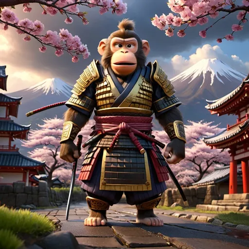 Prompt: (samurai monkeys), epic composition, cinematic quality, vibrant colors, dynamic action pose, full body armor, traditional samurai attire, detailed katanas, ancient Japanese landscape, cherry blossoms, stormy clouds, dramatic lighting, intense atmosphere, highly detailed fur and armor, background featuring traditional Japanese temples, high-definition, ultra-detailed, 4K resolution