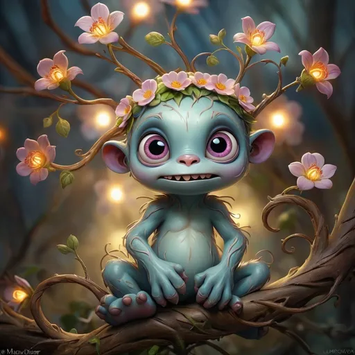 Prompt: art by  mandy disher,monstercreature 
luminism, , WLOP  greg rutkowski,  craola,  , romantic, mystical,  , cute, fantasy,    flowers, tree branches,  ,  complex background, dynamic lighting, lights, digital painting, intricate pose, highly detailed , cute, filigree, intricate, 