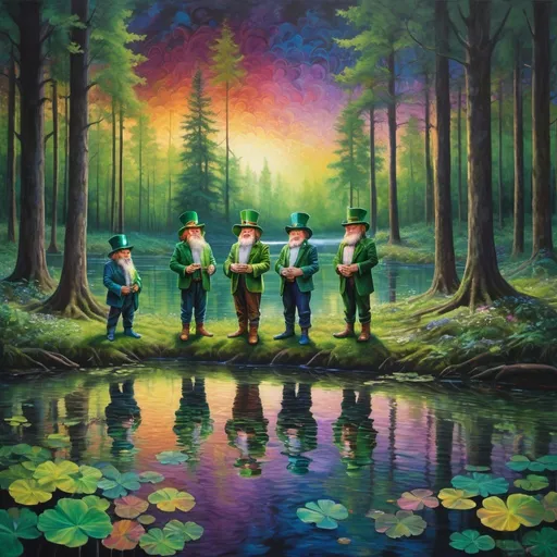 Prompt: gang of leprechaun characters in deep dark multicolor forest,Amidst a quiet forest glade, the waters of a serene pond shimmer with kaleidoscopic reflections of the changing sky above. Each ripple, a testament to the wind's whisper, reshapes the radiant colors, embodying the transient nature of introspection. 