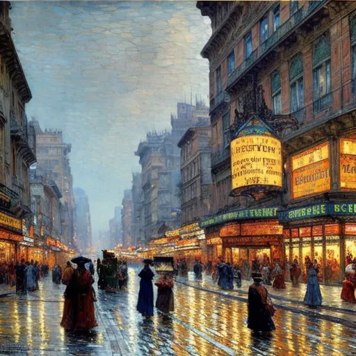 Prompt: Childe Hassam style painting of a bustling city street, vibrant colors, mixes of blues and greens, art nouveau style, lively street scene, detailed architecture, high quality, atmospheric lighting, impressionism, bustling atmosphere, detailed architecture, vibrant colors, bustling street, detailed street scene, lively atmosphere, art nouveau