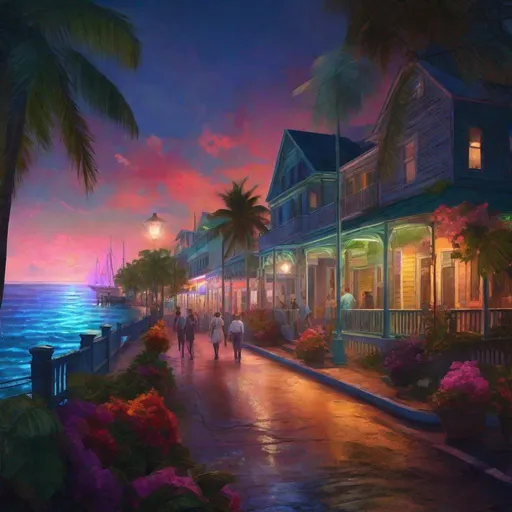 Prompt: Key west scene in the 1930 at night, ocean front view, street lights illuminating, bright flowers, trees, people walking, colorful buildings of the period, ,unreal engine, highly detailed, best quality, highres, bright colors, glimpse of ocean in background, illustration, masterpiece, atmospheric lighting, surreal, futuristic, vibrant tones, otherworldly, intense colors, vibrant atmosphere