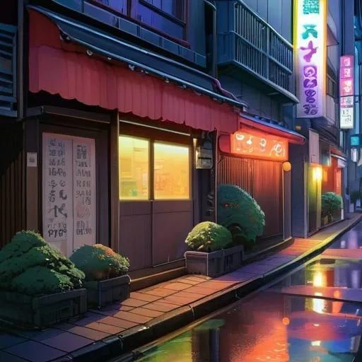 Prompt: Spooky nigh time street scene in Tokyo, colorful, environment concept art, nighttime  ethereal, high detail Impressionist style, dreamy dark color palette, style of studio ghibli and moebius, concept art stunning atmosphere,  volumetric light, illustration, painting, watercolor, hyper realistic, intricate detail