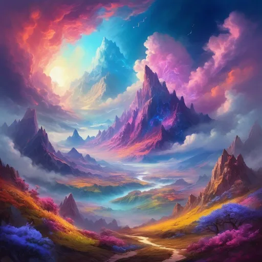 Prompt: Edge of Eternity landscape, colorful, vibrant, surreal, high-quality, digital painting, fantasy, surreal, vivid colors, majestic mountains, ethereal clouds, glowing flora, magical atmosphere, dreamlike, dramatic lighting