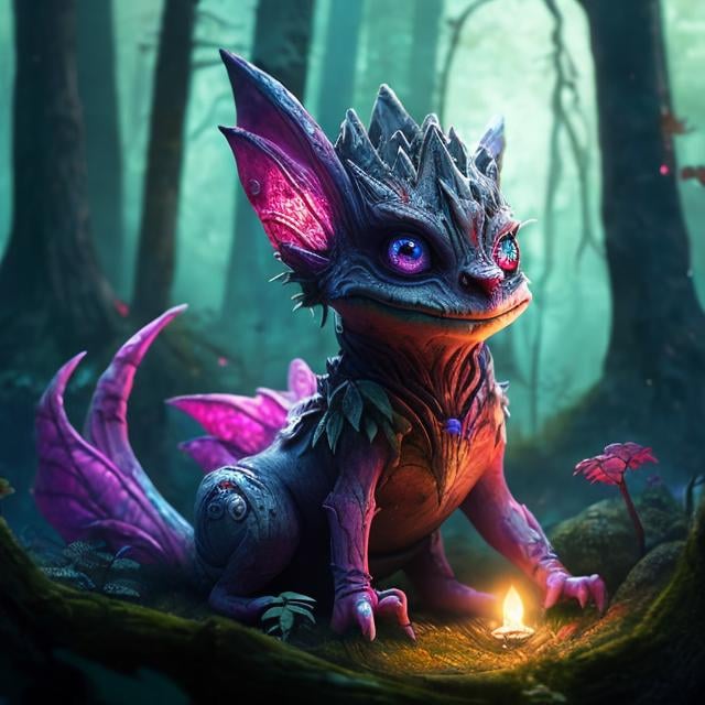 Prompt:  small multicolored creature with eerie pink glowing eyes, lurking in thick wooded stand of trees beside a tiny fantasy fairy cottage with firelight glowing in windows, muted moonlight, deep forest, high quality, dark and eerie, detailed eyes, atmospheric lighting