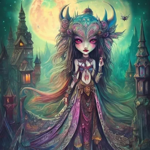 Prompt: mean and evil Fantasy creature,  bohemian with mystical eerie landscape, flying magic insects, kawaii chibi, detailed eyes, vibrant colors, intricate patterns, highres, mystical, whimsical, bohemian, vibrant colors, retro, chibi, celestial, intricate patterns, magic