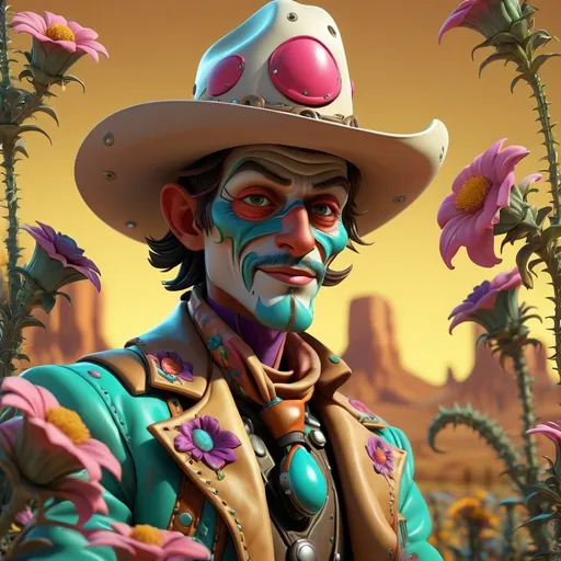 Prompt: Cowboy jester, surreal floral landscapes, high-tech cultivation, cybernetic workers, best quality, highres, ultra-detailed, futuristic, warm ambient lighting, aesthetics, ambient lighting, surreal, cybernetic, floral landscapes, cowboy jester, high-tech cultivation, detailed, warm tones