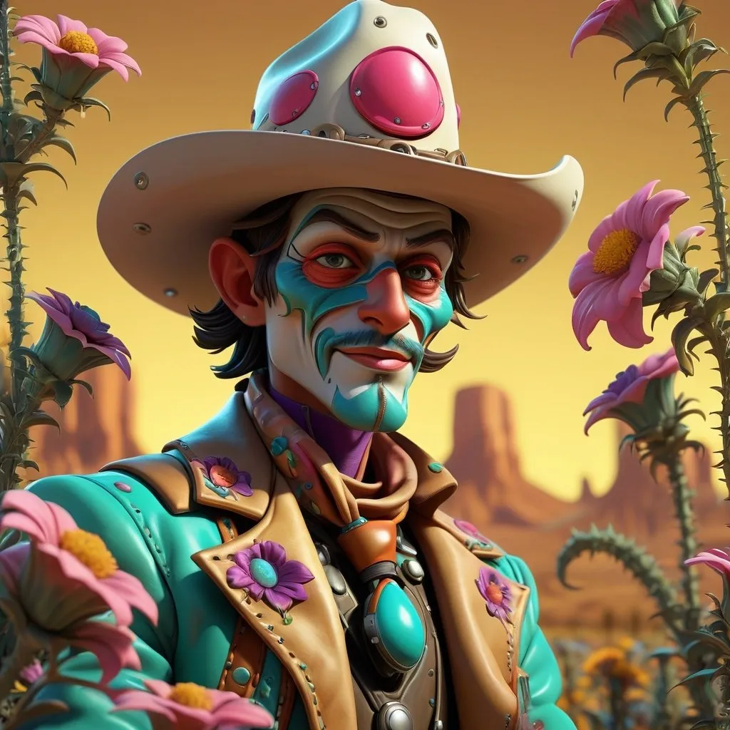 Prompt: Cowboy jester, surreal floral landscapes, high-tech cultivation, cybernetic workers, best quality, highres, ultra-detailed, futuristic, warm ambient lighting, aesthetics, ambient lighting, surreal, cybernetic, floral landscapes, cowboy jester, high-tech cultivation, detailed, warm tones