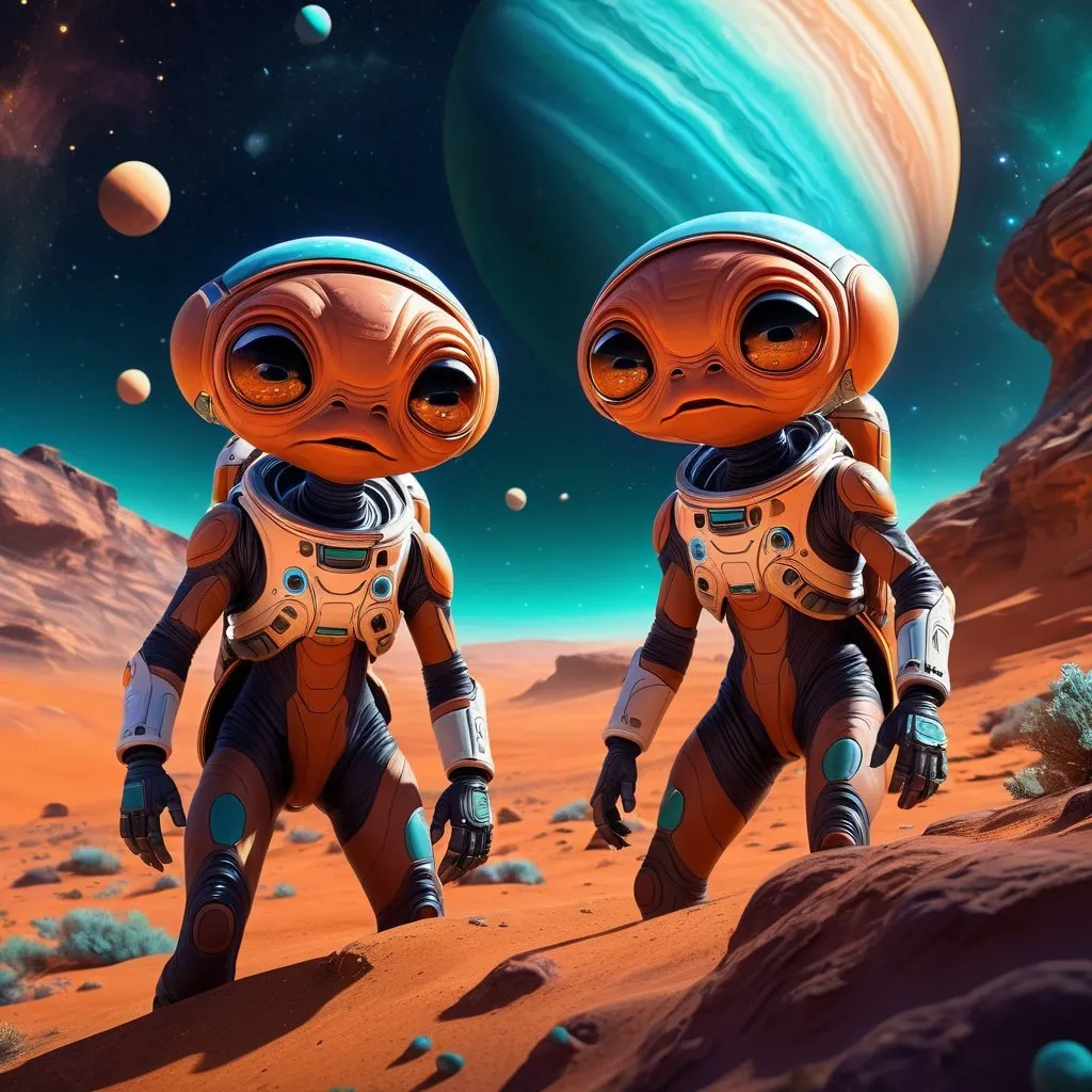 Prompt: Planetary space scene with epic cinematic brilliance, 2 cute martians on surface, stunning intricate details, maximalist digital gauche painting, dramatic atmosphere, high quality, brilliant colors, intricate details, maximalist, cinematic, planetary space, digital painting, dramatic atmosphere, atmospheric lighting