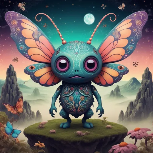 Prompt: Mean and evil fantasy creature in a mystical eerie landscape, with flying magic insects, surrounded by a bohemian whimsical atmosphere. The creature has a kawaii chibi style, with intricate patterns and vibrant colors. The image should be high resolution, surrealistic, and celestial. It features detailed eyes and a retro feel.