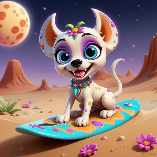 Prompt: Whimsical, cute happy moon doggie , cartoon style, surfing the sand waves on Mars, girlie ultra colorful diamond and gems bling, vibrant colors, large expressive eyes, playful demeanor, alien flowered landscape, otherworldly plants, best quality, high resolution, vibrant, cartoon, cute, whimsical, otherworldly, playful, expressive eyes, alien landscape, vibrant colors, professional