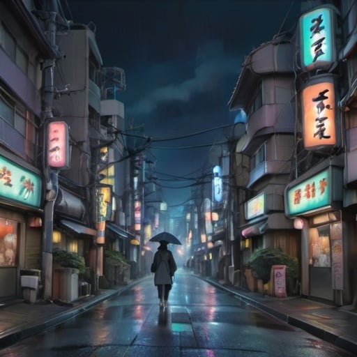 Prompt: Spooky nigh time street scene in Tokyo, colorful, environment concept art, nighttime  ethereal, high detail Impressionist style, dreamy dark color palette, style of studio ghibli and moebius, concept art stunning atmosphere,  volumetric light, illustration, painting, watercolor, hyper realistic, intricate detail