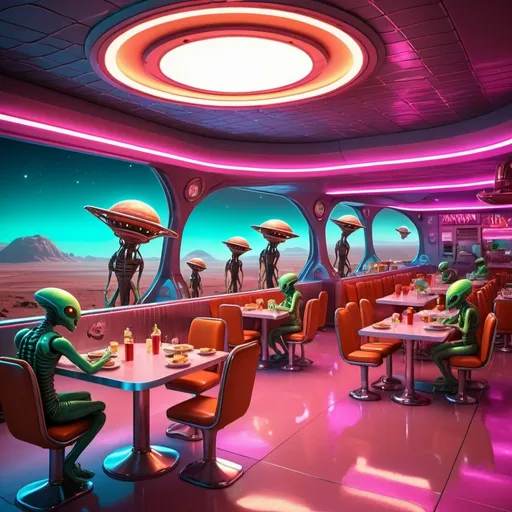 Prompt:  Cafeteria style diner on Mars, Martians enjoying alien food, dining room with aliens sitting at table and chairs, futuristic neon-lit environment, high-tech 3D rendering, vibrant colors, whimsical alien creatures, towering structure, detailed alien food, vivid lighting, high quality, 3D rendering, futuristic, vibrant neon colors, whimsical, detailed environment