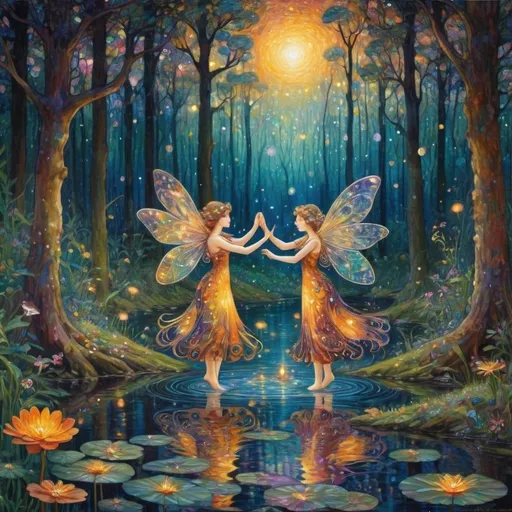 Prompt: small winged fairies characters in the style of Klimt dancing in deep dark multicolor forest,Amidst a quiet forest glade, fireflies in the background around the waters of a serene pond shimmer with kaleidoscopic reflections of the changing sky above. Each ripple, a testament to the wind's whisper, reshapes the radiant colors, embodying the transient nature of introspection. 