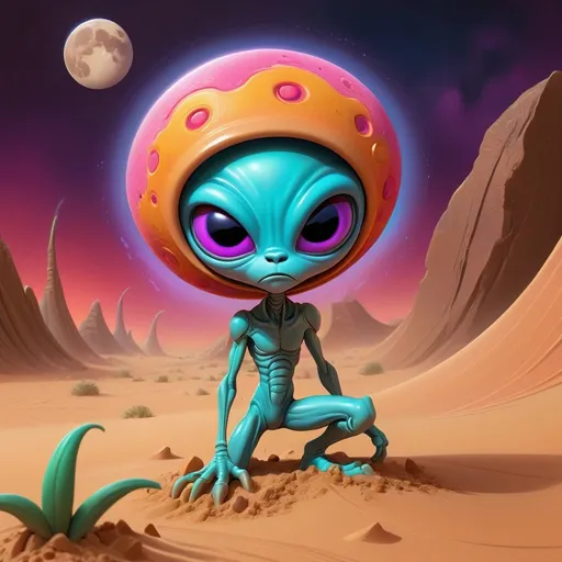 Prompt: violent bright Moon storm , rock star alien cartoon style, sand storm action on the sand waves on Mars, vibrant colors, playful demeanor, alien flowered landscape, otherworldly plants, best quality, high resolution, vibrant, cartoon, cute, whimsical, otherworldly, playful, expressive eyes, alien landscape, vibrant colors, professional