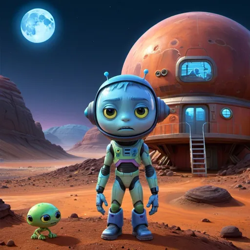 Prompt: Gay Martian standing in front of small dwelling on Mars, blue moonlight, detailed facial features, futuristic sci-fi illustration, vibrant colors, imaginative, highres, ultra-detailed, alien, LGBTQ+, unique design, atmospheric lighting, otherworldly, futuristic fashion, cosmic landscape