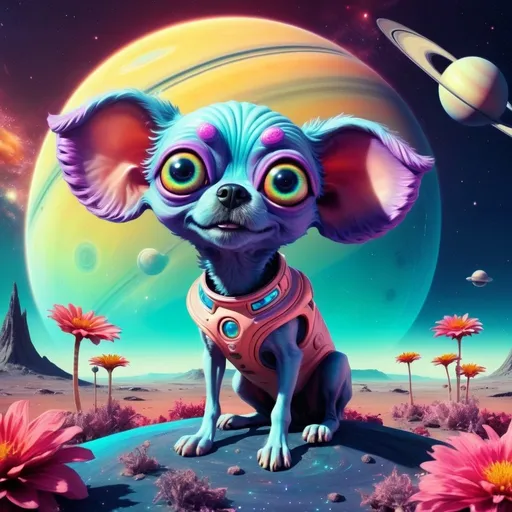 Prompt: Cute alien dog on Saturn, digital art, vibrant colors, whimsical, surreal, surreal landscape, alien flora, high quality, detailed fur, sparkly eyes, cute and expressive, space atmosphere, futuristic, alien planet, playful, vibrant lighting, adorable, fantasy