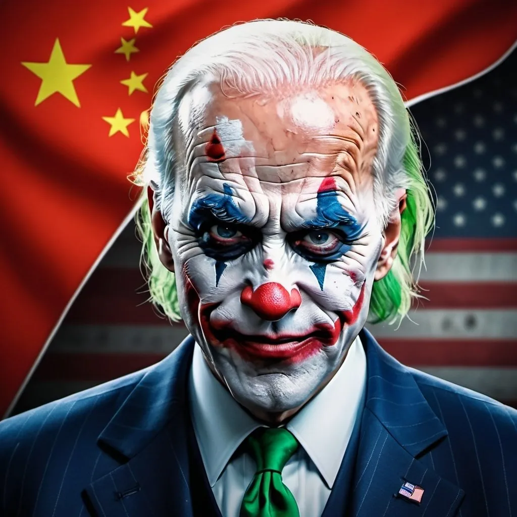 Prompt: Hyper real image, high definition, dramatic, mad evil single image as Joker face ofJoe Biden, in style of the Joker movie character with China flage background