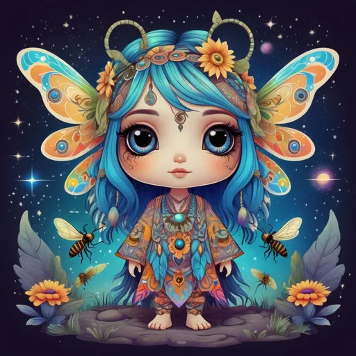 Prompt: old hippie style creature,  bohemian with mystical eerie landscape, flying magic insects, kawaii chibi, detailed eyes, vibrant colors, intricate patterns, highres, mystical, whimsical, bohemian, vibrant colors, retro, chibi, celestial, intricate patterns, magic