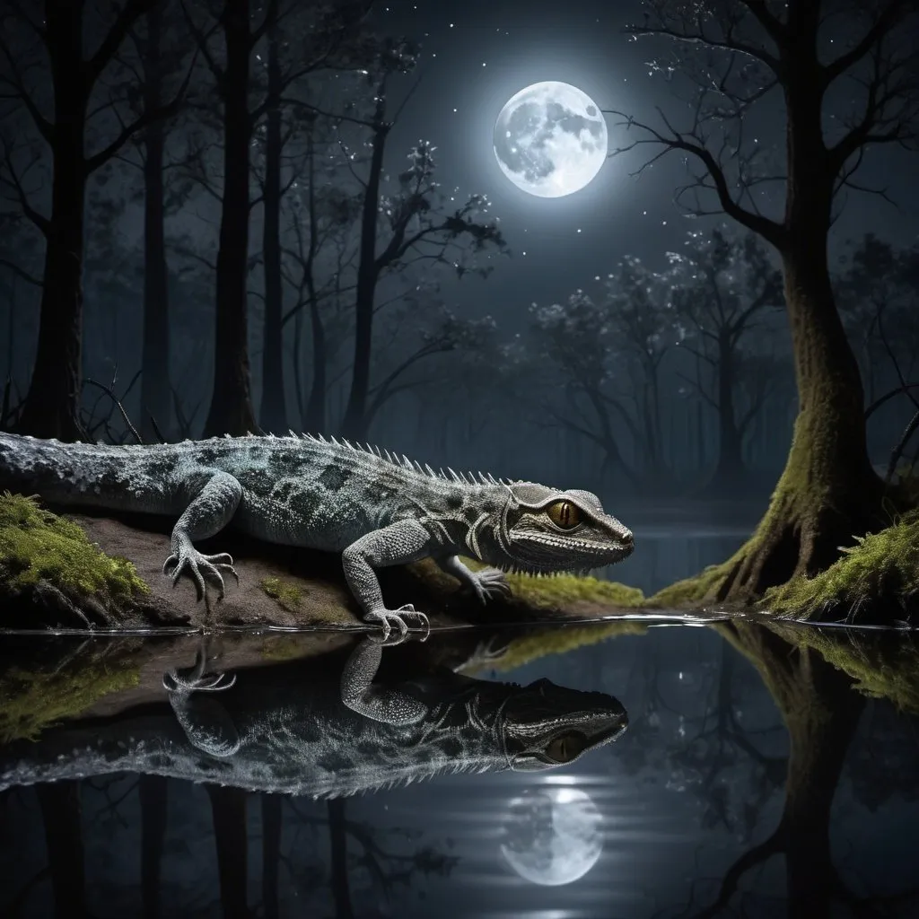 Prompt: Moonlit forest scene with water reflection, eerie lizard creature, dark and mysterious, highres, detailed water ripples, moonlit, stars reflecting, deep forest, eerie lizard, detailed scales, atmospheric lighting, night scene, mysterious ambiance