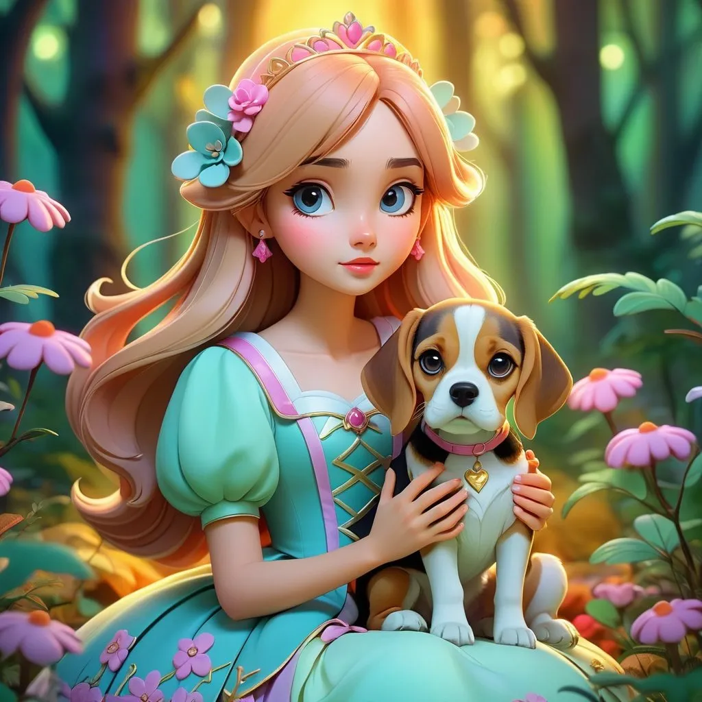 Prompt: Anime princess with her pet beagle puppy, in a bright colored forest, dusk, detailed character design, detailed pet features, whimsical anime style, pastel tones, soft lighting, mystical atmosphere, fantasy, detailed floral elements, highres, anime, fantasy, pastel tones, whimsical, detailed character, detailed pet, soft lighting, mystical atmosphere