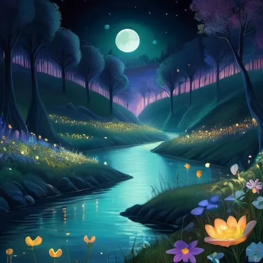 Prompt: Hill with glowing river, in the style of Klimt, magical creatures, fireflies, moonlit flowers, highres, fantasy, ethereal lighting, detailed nature, mystical, moonlit river, enchanting atmosphere, glowing flora, serene, dreamlike, fantasy creatures, moonlit scene, magical beings, surreal, whimsical, illuminated hill, mystical setting, moonlit landscape, fairytale, vibrant colors, soft moonlight, illustration,