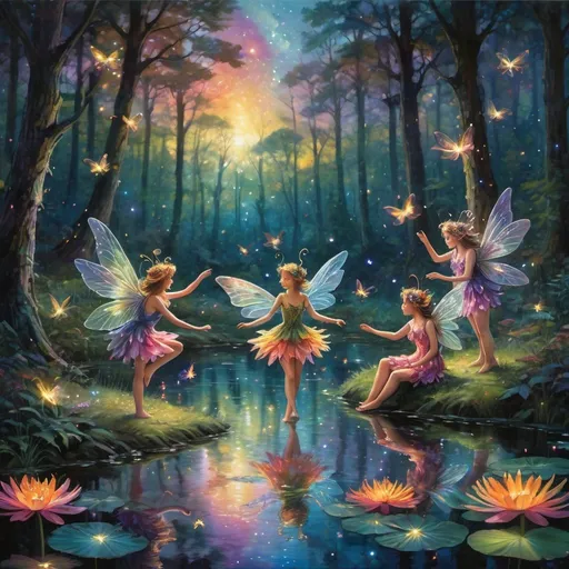 Prompt: small winged fairies characters dancing in deep dark multicolor forest,Amidst a quiet forest glade, fireflies in the background around the waters of a serene pond shimmer with kaleidoscopic reflections of the changing sky above. Each ripple, a testament to the wind's whisper, reshapes the radiant colors, embodying the transient nature of introspection. 