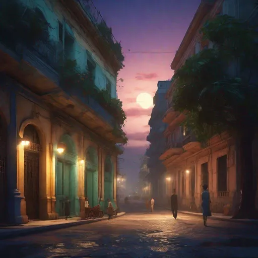 Prompt: create a romantic style street scene in Havana in the 1930 at night, street lights illuminating, bright flowers, trees, people walking, oolorful buildings of the period, ,unreal engine, highly detailed, best quality, highres, bright colors, glimpse of ocean in background, illustration, masterpiece, atmospheric lighting, surreal, futuristic, detailed wings, lunar surface, alien, vibrant tones, otherworldly, intense colors, vibrant atmosphere