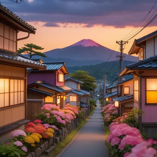 Prompt: Hiroshima countryside landscape on at dusk, glowing lights in windows, close-up of colorful houses, vibrant evening street atmosphere, no people, high quality, landscape, anime, bright colors, flowers, rural, summer vibes, energetic, warm lighting