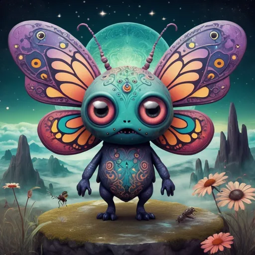 Prompt: Mean and evil fantasy creature in a mystical eerie landscape, with flying magic insects, surrounded by a bohemian whimsical atmosphere. The creature has a kawaii chibi style, with intricate patterns and vibrant colors. The image should be high resolution, surrealistic, and celestial. It features detailed eyes and a retro feel.